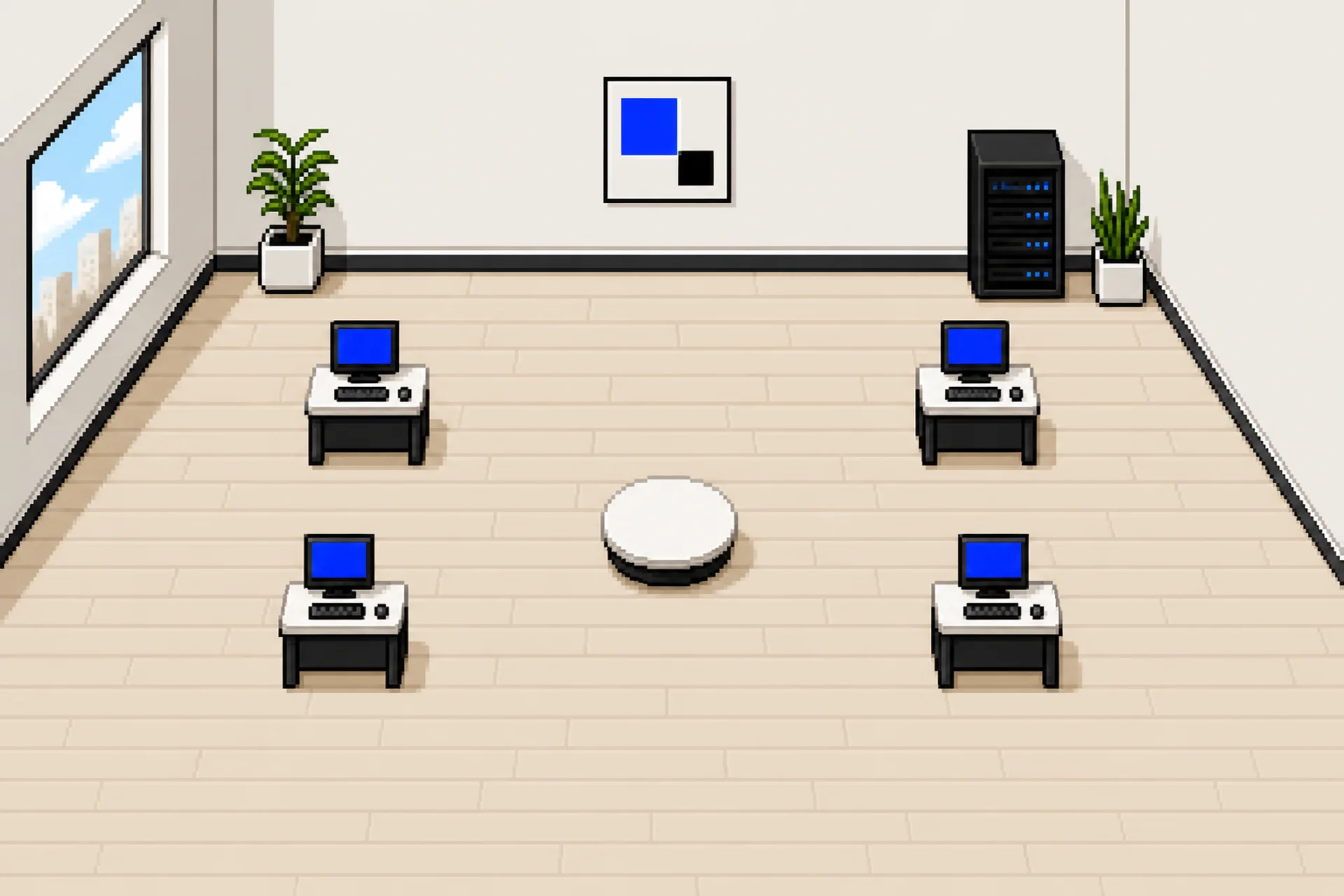 Pixel office floor with four agent desks